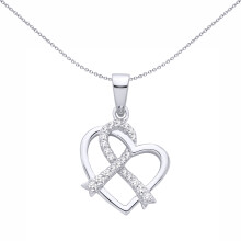 Jewelco London Rhodium Plated Sterling Silver CZ Twined Love Heart Pave Ribbon Heart Pendant - GVP700