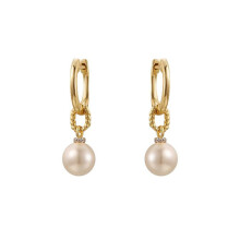 Jewelco London Gold-plated Silver White Round Pearl & Cubic Zirconia Twisted Rope Full Moon Huggie Hoop Drop Earrings - AER201-GP