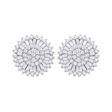 Jewelco London Rhodium Plated Silver Baguette CZ Tiered Radial Sunshine Sunburst Sunflower Halo Cluster Stud Earrings - EAG1466