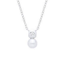 Jewelco London Rhodium Plated Sterling Silver Pearl & CZ Full Moon Marshmallow Ice Cube Solitaire Lavalier Necklace - GVK553