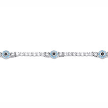 Jewelco London Rhodium Plated Sterling Silver Light Blue & Black CZ Anti Evil Eye Cluster Line Tennis Bracelet - GVB639