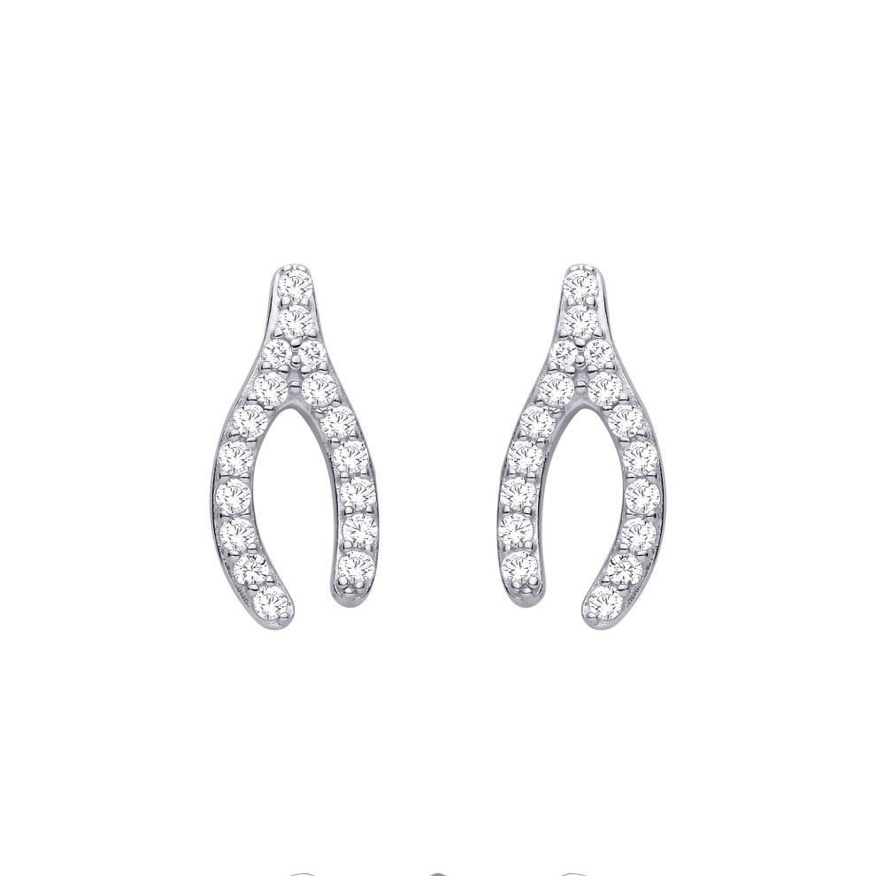 Jewelco London Rhodium Plated Sterling Silver Cz Encrusted Wishbone Horseshoe Drop Earrings - Eag1480