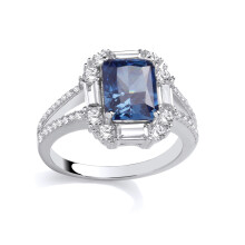 (P) Jewelco London Rhodium Plated Silver Blue Radiant & Baguette CZ Split Shoulder Octagonal Halo Cluster Solitaire Ring - GSR1093