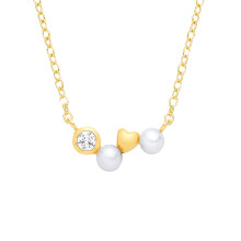 Jewelco London Yellow Gold-Plated Sterling Silver Pearl & CZ Zig Zag Love Heart Full Moon Cluster Lavalier Necklace - GVK573