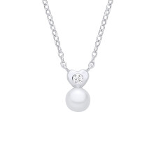Jewelco London Rhodium Plated Sterling Silver Pearl & CZ Sweetheart Full Moon Lavalier Necklace - GVK554