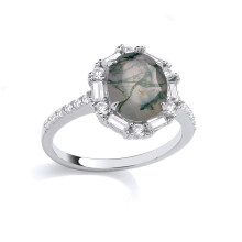 (L) Jewelco London Rhodium Plated Silver Grey Oval & Baguette Moss Agate & CZ Spooky Smoke Fog Station Halo Solitaire Ring - GSR1083