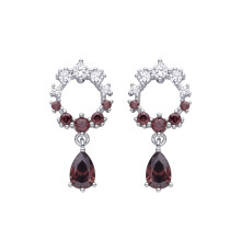 Jewelco London Rhodium Plated Sterling Silver Burgundy Pear CZ 2-Tone Graduated Halo Dangling Wine Droplet Drop Earrings - EAG1481