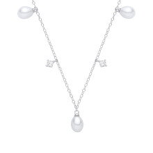 Jewelco London Rhodium Plated Sterling Silver Pear Pearl & CZ Lil n Large Moons n Stars Station Lavalier Necklace - GVK559