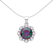 Jewelco London Rhodium Plated Sterling Silver Rainbow CZ Scalloped Halo Peacock Solitaire Cluster Charm Pendant - GVP713