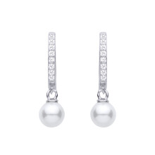 Jewelco London Rhodium Plated Sterling Silver Pearl & CZ Floating Full Moon Charm Eternity Huggie Hoop Drop Earrings - EAG1479