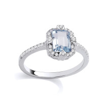 (P) Jewelco London Rhodium Plated Sterling Silver Blue Emerald CZ Love Heart Icy Glow Halo Solitaire Ring - GSR1091