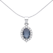 Jewelco London Rhodium Plated Sterling Silver Blue Oval CZ Citron Halo Solitaire Cluster Charm Pendant - GVP714