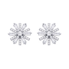 Jewelco London Rhodium Plated Sterling Silver Baguette CZ Spinning Flower Windmill Stud Earrings - EAG1483