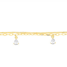 Jewelco London Yellow Gold-Plated Sterling Silver Pear CZ Floating Solitaire Trace Curb Double Chain Station Bracelet - GVB642