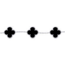 Jewelco London Silver Black Clover Onyx Bead Edge Lucky Charm 5 Station Bracelet 7-8.5" - ABB253