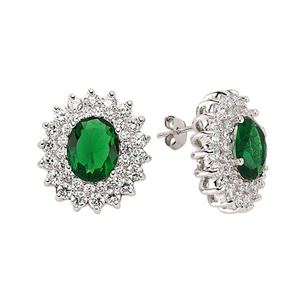 Jewelco London Ladies Sterling Silver Emerald-Green Oval Cubic Zirconia Royal Cluster Stud Earrings - Gve058em