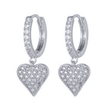 Jewelco London Rhodium-plated Silver CZ Pastel Pave Love Heart Hanging Huggie Hoop Drop Earrings - AER161-RP