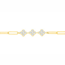 Jewelco London Yellow Gold-Plated Sterling Silver CZ Lucky Clover Cluster Paperclip Charm Bracelet - GVB643