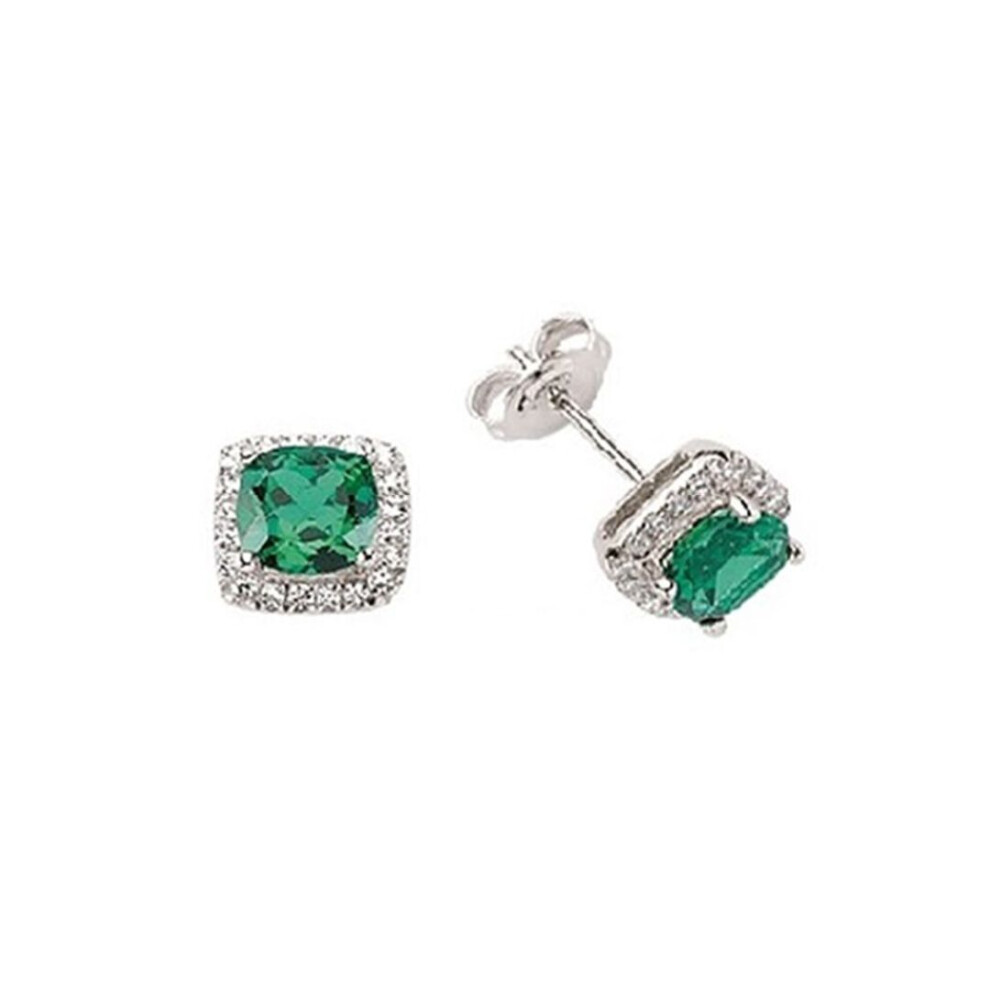 Jewelco London Ladies Sterling Silver Emerald-Green Cushion Cubic Zirconia Halo Cluster Stud Earrings - Gve219em