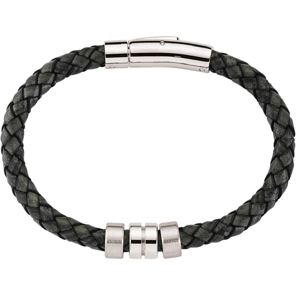 Jewelco London Mens Rhodium Plated Stainless Steel Black Leather Platted Cuff Bracelet 10mm - BRC46-image-OPC-P6YMMGP-NEW