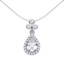 Jewelco London Rhodium Plated Sterling Silver Pear CZ Clover Clubs Cluster Teardrop Halo Charm Pendant - GVP722