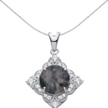 Jewelco London Rhodium Plated Silver Grey Moss Agate & CZ Mysterious Kite Cluster Beaded Solitaire Charm Pendant - GVP727