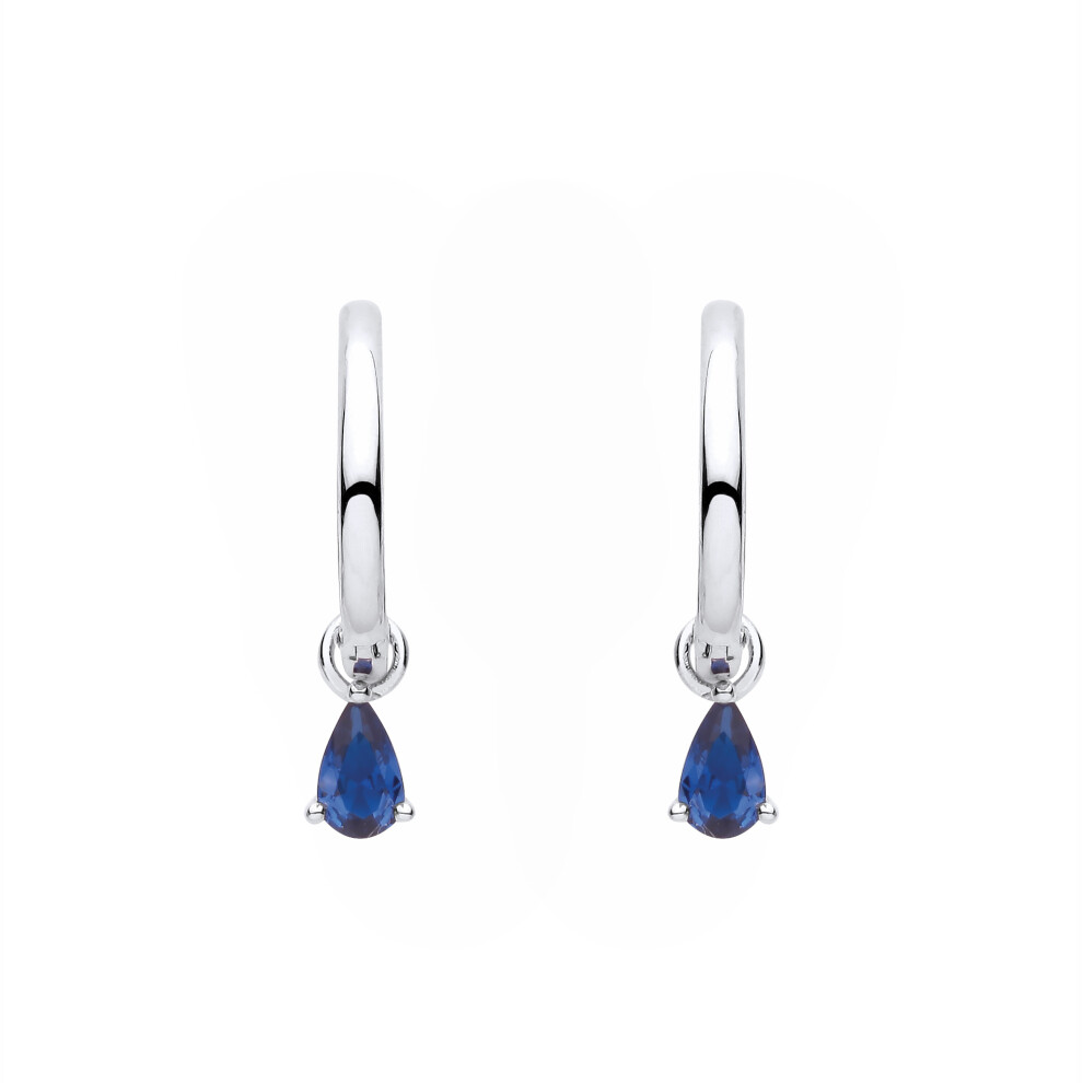 Jewelco London Rhodium Plated Sterling Silver Blue Pear Cz Dangling Raindrop Convertible Huggie Hoop Drop Earrings - Eag1372