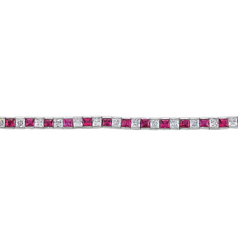 Jewelco London Ladies Sterling Silver Ruby-Red Princess Cut Cubic Zirconia Alternating Eternity Tennis Bracelet 4mm - GVB103-RUB-image-OPC-P6YMTFQ-NEW