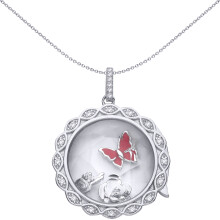 Jewelco London Silver CZ Twisted Ribbon Frame Faceted Glass Pink Enamel Butterfly Flower Charm Locket Pendant - GVP733