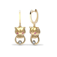 Jewelco London 9ct Yellow Gold Rub Over Set 0.04ct Diamond and Pink 0.06ct Sapphire Panther Door Knocker Drop Earrings - 9E183