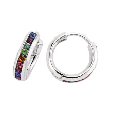 Jewelco London Ladies Sterling Silver Multi Colour Cubic Zirconia Rainbow Huggie Hoop Earrings 15mm - GVE186