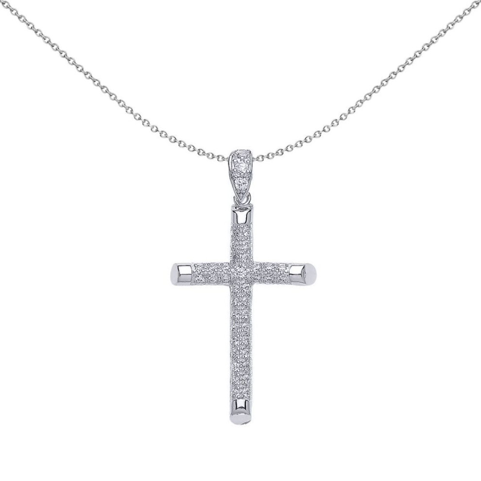 Jewelco London Ladies Sterling Silver Cubic Zirconia Pave Cross Pendant Necklace - Gvx035
