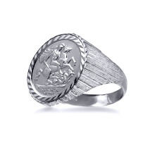 (W) Jewelco London Men's Solid 925 Silver Ribbed Barked St George & Dragon Medallion Ring (Half Sov Size) - ARN115-H-SG
