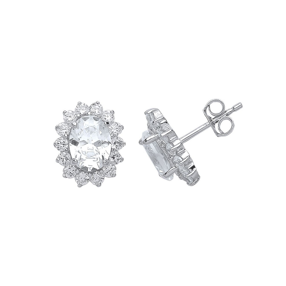 Jewelco London Ladies Sterling Silver Oval Cubic Zirconia Cluster Stud Earrings - Gve375