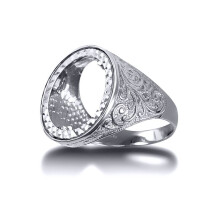 (T) Jewelco London Men's Solid 925 Silver Floral Engraved Half Sovereign Mount Ring - ARN116-H
