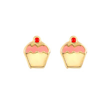 Jewelco London Ladies 9ct Yellow Gold Enamel Frosting Cherry Cupcake Muffin Stud Earrings - JES258