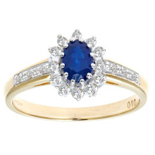 (H) Jewelco London 9ct Yellow Gold Round 10pts Diamond Oval 0.52ct Sapphire Classic Royal Oval Cluster Ring - PR0AXL4767YSA