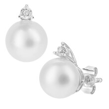Jewelco London 9ct White Gold Round 1pts Diamond Round Pearl 7.5mm Full Moon Crown Stud Earrings - PE0AXL5711WPRL