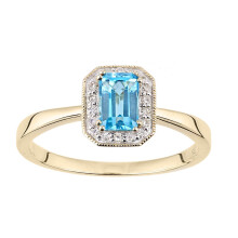 (P) Jewelco London 9ct Gold Round 8pts Diamond Octagon 0.67ct Blue Topaz Octagon Mill Grain Halo Cluster Ring - DR1AXL619YBT