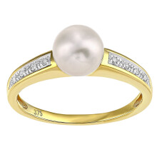 (L) Jewelco London 9ct Yellow Gold Round 4pts Diamond Round Pearl 7mm Pave Shoulder Full Moon Dress Ring - PR1AXL2583YPRL