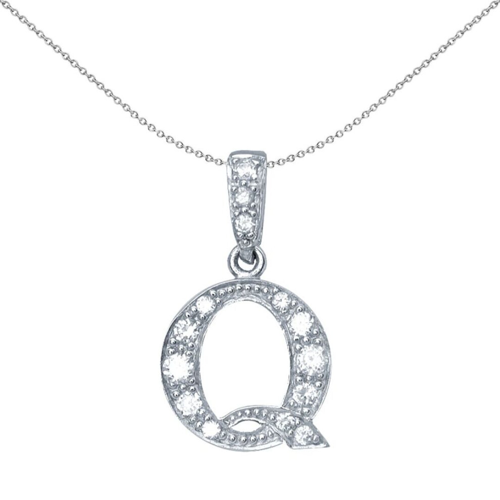 Jewelco London Sterling Silver Cubic Zirconia Letter Q Initial Pendant Necklace - Gin2-Q