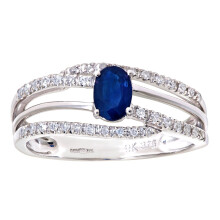(J) Jewelco London 9ct White Gold Round 20pts Diamond Oval 0.6ct Sapphire Train Track Solitaire Ring - DR1AXL109WSA