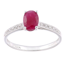 (Q) Jewelco London 9ct White Gold Round 5pts Diamond Oval 1.2ct Ruby Shoulder Set Solitaire Engagement Ring - PR1AXL2259WRU