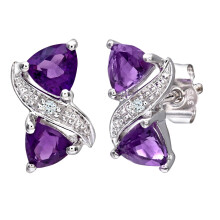 Jewelco London 9ct White Gold Round 1pts Diamond Triangle 0.86ct Amethyst Kiss Stud Earrings - PE0AXL3111WAM