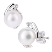 Jewelco London 9ct White Gold Round 1pts Diamond Round Pearl 6.5mm Cupped Moon Stud Earrings - PE0AXL5220WPRL