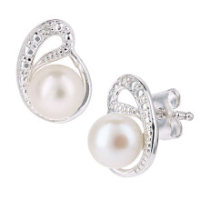 Jewelco London 9ct White Gold Round 1pts Diamond Round Pearl 5mm Ouroboros Moon Stud Earrings - PE0AXL5050WPRL