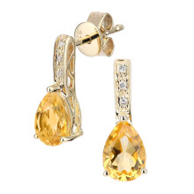 Jewelco London 9ct Yellow Gold Round 3pts Diamond Pear 1.3ct Citrine Teardrop Drop Earrings - DE1AXL602YCT