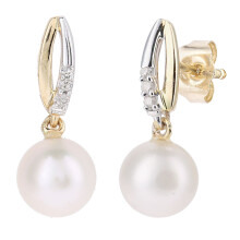 Jewelco London 9ct Yellow Gold Round 3pts Diamond Round Pearl 6.5mm Hanging Moon Drop Earrings - PE0AXL5221YPRL