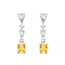 Jewelco London Rhodium Plated Sterling Silver Yellow Radiant, Heart & Pear CZ Amber Sunset Tiered Drop Earrings - EAG1323