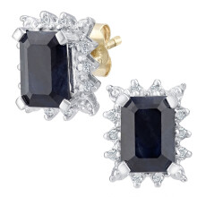 Jewelco London 9ct Yellow Gold Round 8pts Diamond Emerald Cut 2.2ct Sapphire Cluster Stud Earrings - PE0AXL3475YSA